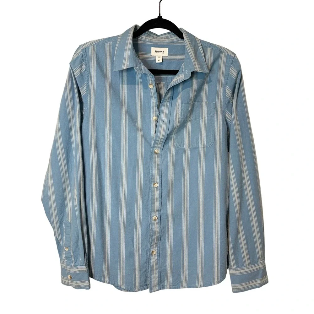 Sonoma Boys XL Blue White Striped Long Sleeve Button Down Cotton Shirt